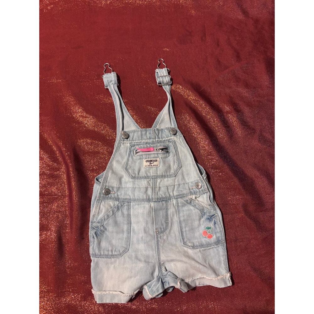 OshKosh Bgosh Overalls Baby Unisex 12-18M Denim Shortalls Light Wash Cherry